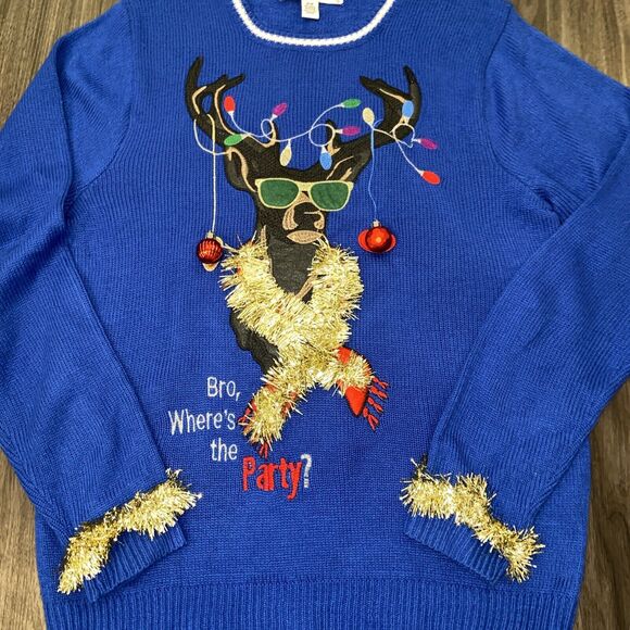 Jolly Sweaters Size M Blue Bro Where's the Party Holiday Ugly Christmas Sweater - Picture 7 of 16